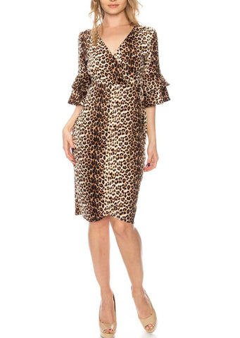 Leopard Print Bell Sleeve Side-tie Faux Wrap Dress