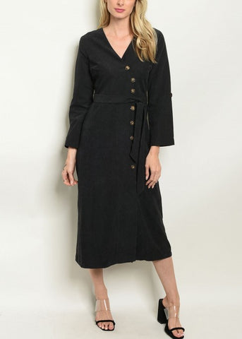 Black Long Sleeve Button Down Midi Dress