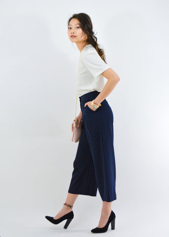 Wide Leg Navy Stripe Ankle Pant