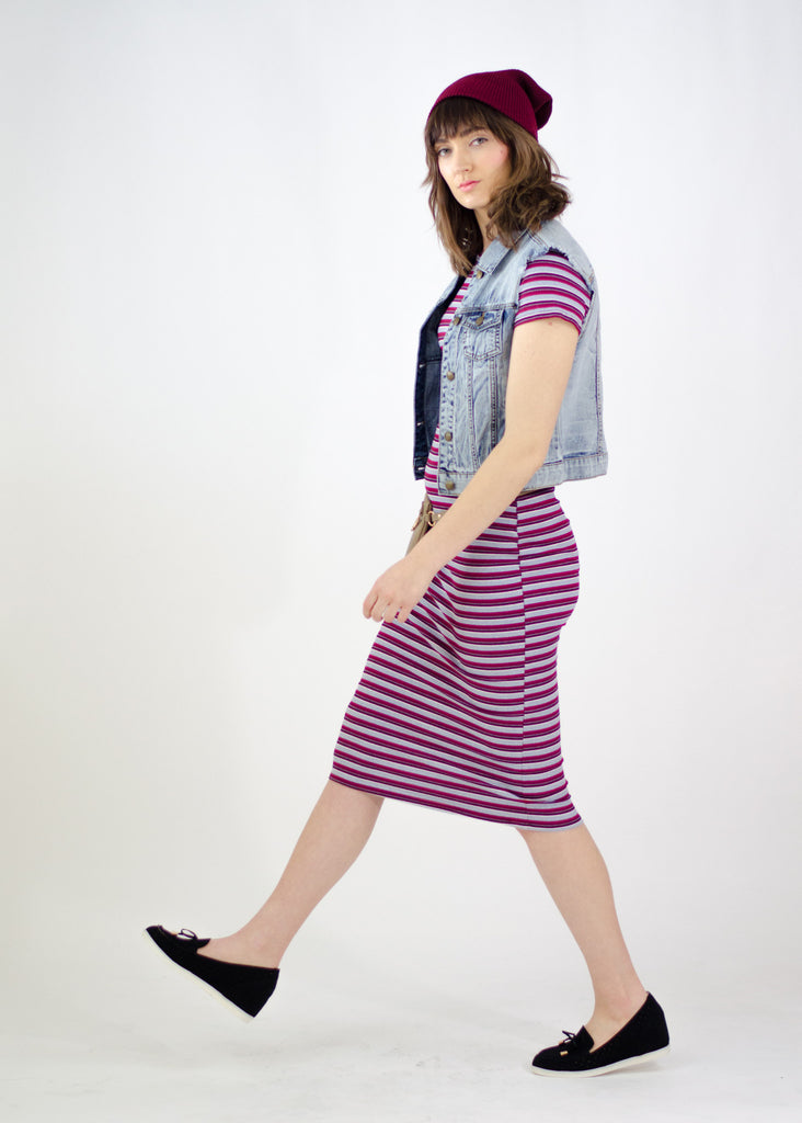 Maroon Striped Midi Dress