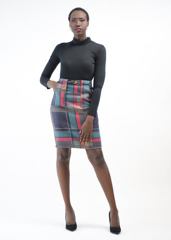Belted Plaid Wool Skirt