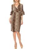 Leopard Print Bell Sleeve Side-tie Faux Wrap Dress