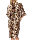 Leopard Print Bell Sleeve Side-tie Faux Wrap Dress